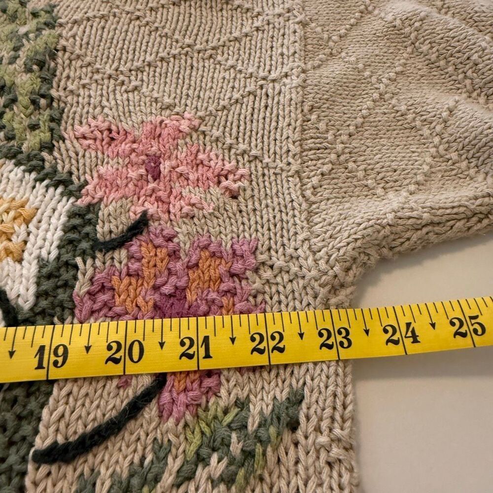 Vintage Rosanna Sweater Beige Floral Hand-knit Cotton Oversized Size L Slouchy - Picture 7 of 13